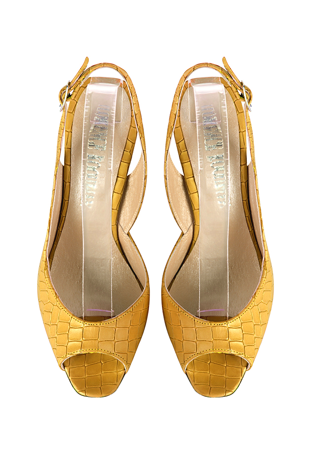 Dress heels peep-toe slingback in mustard yellow leather with high slim heels and round toe - Top view